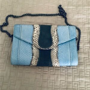 KHIRMA ELIAZOV TURQUOISE BLUE/GRAY PYTHON SNAKE CROSSBODY BAG W/CHAIN